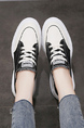 Black and White Leather Round Toe Platform Lace Up Rubber Shoes