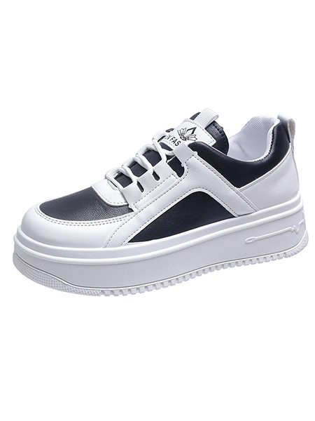 White and Black Leather Round Toe Platform Lace Up Rubber Shoes