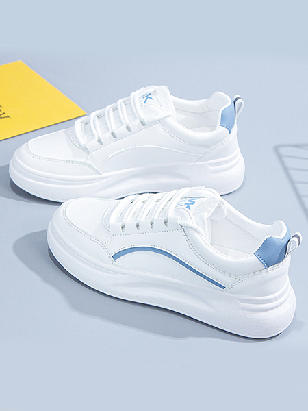 White and Blue Leather Round Toe Platform Lace Up Rubber Shoes