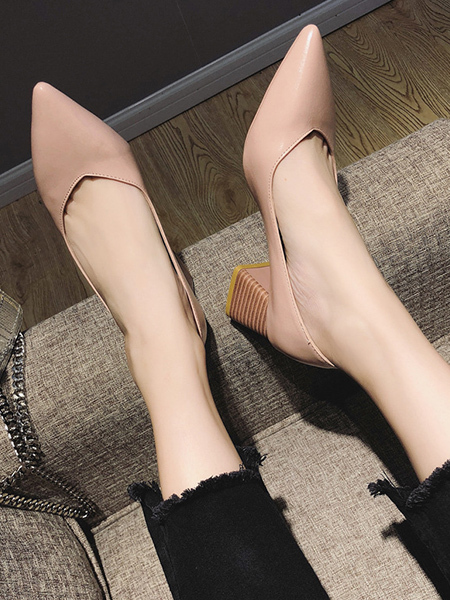 Pink Leather Pointed Toe Platform Chunky Heels
