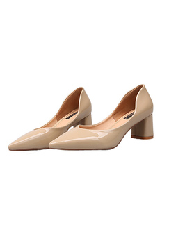 Beige Patent Leather Pointed Toe Platform Chunky Heels