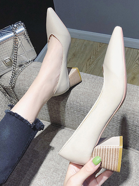 Beige Leather Pointed Toe Platform Chunky Heels