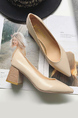 Beige Leather Pointed Toe Platform Chunky Heels