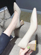 Beige Leather Pointed Toe Platform Chunky Heels