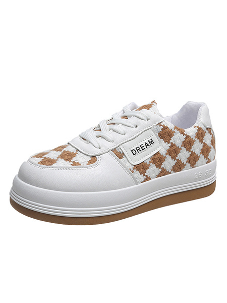 White and Brown Leather Round Toe Platform Lace Up Rubber Shoes