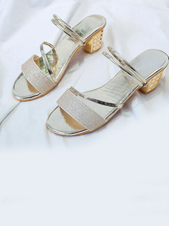 Gray Silver Leather Open Toe Platform Chunky Heels