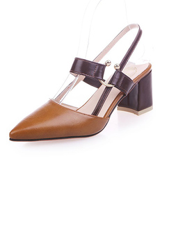 Brown Leather Pointed Toe Platform Chunky Strap Heels