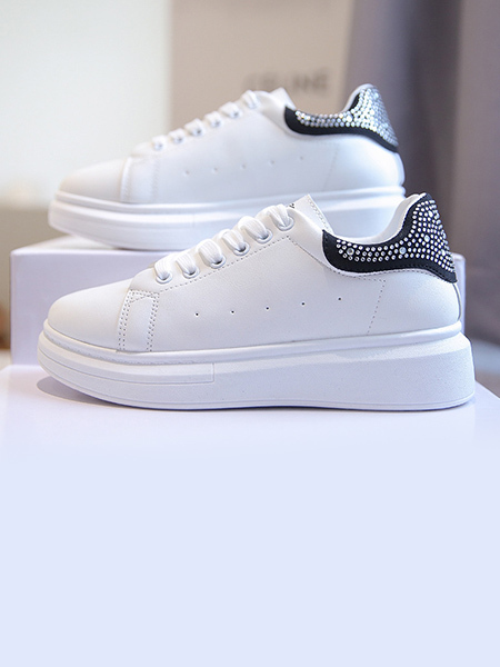 White and Black Leather Round Toe Platform Lace Up Rubber Shoes