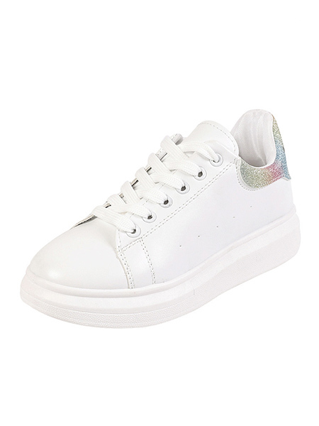 White Leather Round Toe Platform Lace Up Rubber Shoes