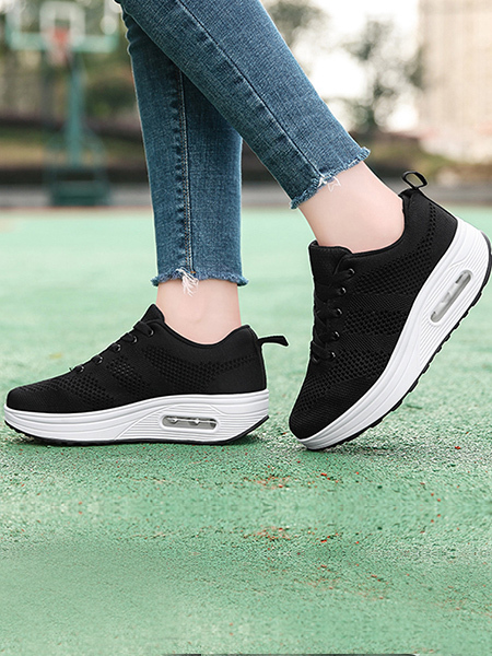 Black and White Mesh Round Toe Platform Lace Up Rubber Shoes