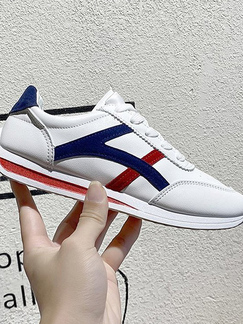 White Blue and Red Leather Round Toe Platform Lace Up Rubber Shoes