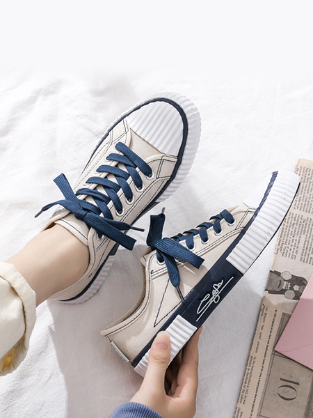Beige Blue and White Canvas Round Toe Platform Lace Up Rubber Shoes