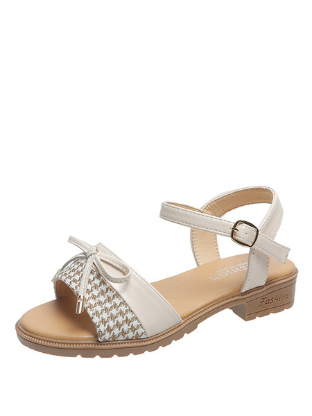 Beige Leather and Fabric Open Toe Platform Ankle Strap Sandals