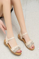 Beige Leather and Fabric Open Toe Platform Ankle Strap Sandals