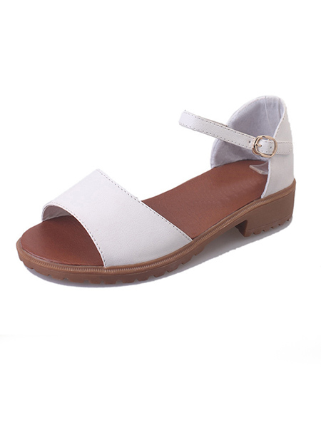 White and Brown Leather Open Toe Platform Ankle Strap Sandal