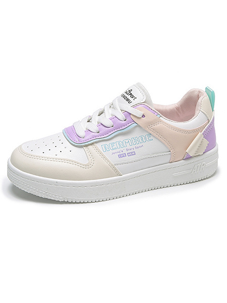 White Pink Leather Round Toe Platform Lace Up Casual Shoes