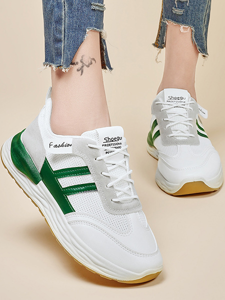 Green White Leather and Mesh Round Toe Platform lace Up Rubber Shoes