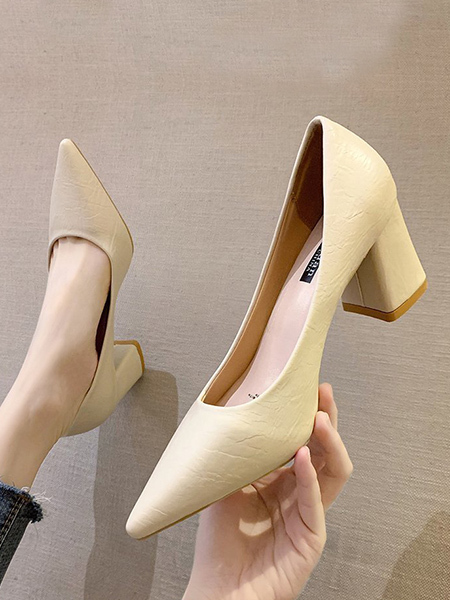 Beige Leather Pointed Toe Platform Basic Pumps High Heel