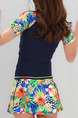 Blue Colorful Women Two-Piece Located Printing Contrast Linking Zipper Back Top Shorts Swimwear for Swimming Surfing