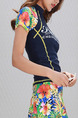 Blue Colorful Women Two-Piece Located Printing Contrast Linking Zipper Back Top Shorts Swimwear for Swimming Surfing