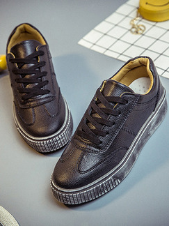 Black Leather Round Toe Platform Lace Up 3cm Rubber Shoes