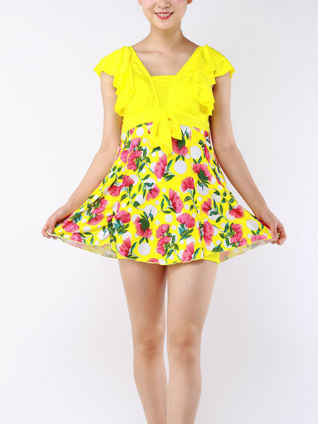 Yellow Colorful Plus Size Loose Siamese Linking Printed Ruffle Band Flat Bottom Chest Pad Floral Polyester and Elasticity Swimwear