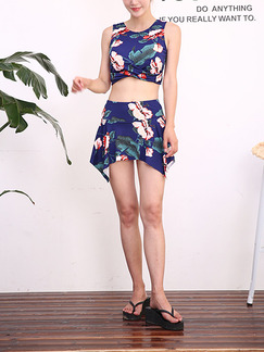 Blue Colorful Two-Piece Slim Printed Gather Round Neck Asymmetrical Hem Tropical Polyester and Elasticity Swimwear
