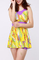 Yellow Colorful Two-Piece Plus Size Loose Contrast Linking Printed Flat Bottom  Polyester and Elasticity Swimwear