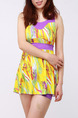 Yellow Colorful Two-Piece Plus Size Loose Contrast Linking Printed Flat Bottom  Polyester and Elasticity Swimwear