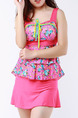 Pink Colorful Two-Piece Loose Printed Ruffle Band Flat Bottom Open Back  Polyester and Elasticity Swimwear 