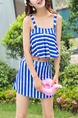 Blue and White Two-Piece Loose Contrast Stripe Sling Gather Flat Bottom Open Back Polyester and Elasticity Swimwear  