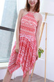 Red and White Slim Sling Contrast Stripe Asymmetrical Hem Open Back Band Polyester  Swimwear  