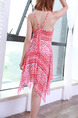 Red and White Slim Sling Contrast Stripe Asymmetrical Hem Open Back Band Polyester  Swimwear