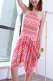 Red and White Slim Sling Contrast Stripe Asymmetrical Hem Open Back Band Polyester  Swimwear