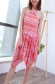 Red and White Slim Sling Contrast Stripe Asymmetrical Hem Open Back Band Polyester  Swimwear