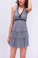 Grey Slim Stripe V Neck Band Ruffle Chest Pad Flat Bottom Open Back Polyester Swimwear