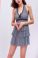 Grey Slim Stripe V Neck Band Ruffle Chest Pad Flat Bottom Open Back Polyester Swimwear