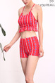 Red Three-Piece Slim Sling Contrast Printed Flat Bottom Ruffle Furcal Band Polyester Swimwear