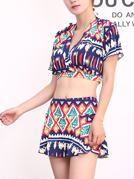 Colorful Three-Piece Slim Sling Band Contrast Printed Flat Bottom Chest Pad Steel Pro Polyester and Elasticity Swimwear