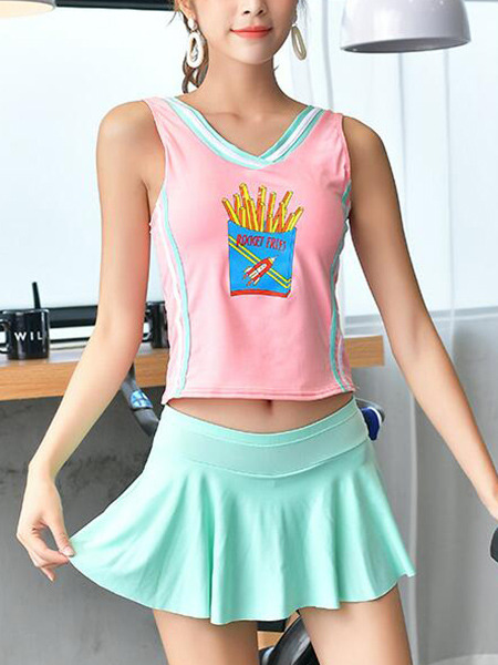 Pink and Green Slim Contrast V Neck Above Knee Polyester and Elasticity Swimwear Sleeveless