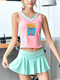 Pink and Green Slim Contrast V Neck Above Knee Polyester and Elasticity Swimwear Sleeveless 