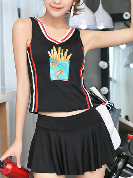 Black Slim Linking Stripe V Neck Above Knee Polyester and Elasticity Swimwear Sleeveless