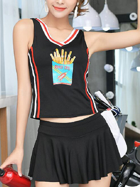 Black Slim Linking Stripe V Neck Above Knee Polyester and Elasticity Swimwear Sleeveless