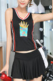 Black Slim Linking Stripe V Neck Above Knee Polyester and Elasticity Swimwear Sleeveless 