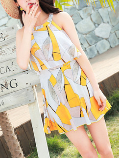 Colorful Slim Printed Siamese Above Knee Halter Two Piece Polyester and Elasticity Swimwear Sleeveless