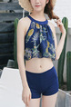 Navy Blue and Colorful Slim Printed Three-Piece Polyester and Elasticity Swimwear Sleeveless