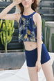 Navy Blue and Colorful Slim Printed Three-Piece Polyester and Elasticity Swimwear Sleeveless