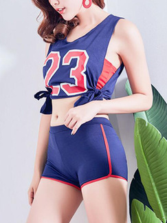 Navy Blue and Red Slim Contrast Letter Three-Piece Polyester and Elasticity Swimwear Sleeveless