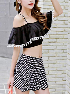 Black and White Slim Grid Two-Piece Polyester and Elasticity Swimwear Short
