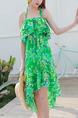 Green and Colorful Loose Printed Three-Piece Polyester Swimwear Sleeveless